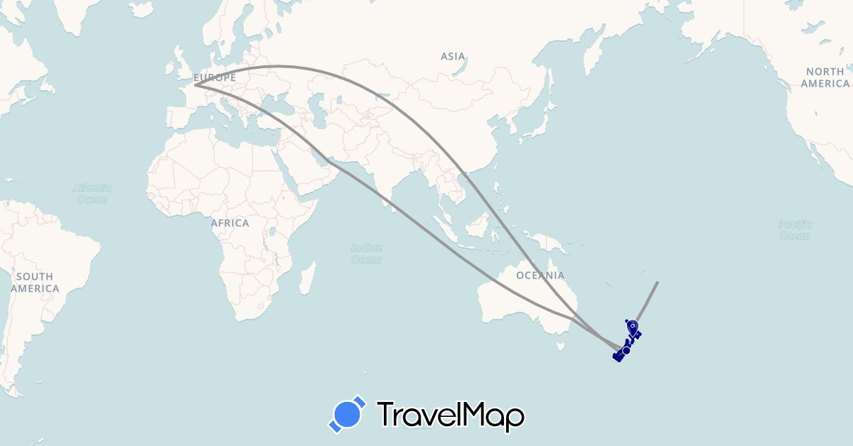 TravelMap itinerary: driving, bus, plane, boat in United Arab Emirates, Australia, France, New Zealand, Tonga (Asia, Europe, Oceania)